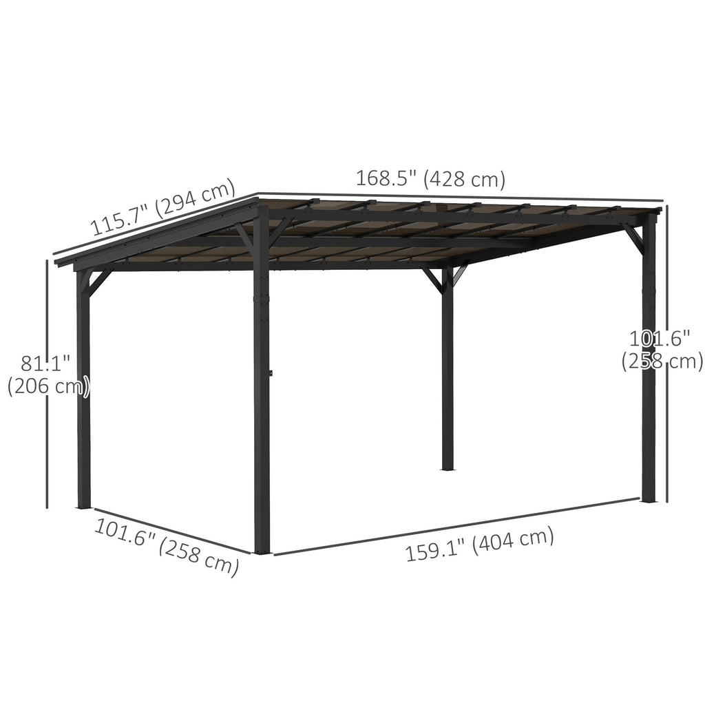 10' x 14' Wall-Mounted / Free Standing Outdoor Pergola with Polycarbonate Roof, Dark Grey