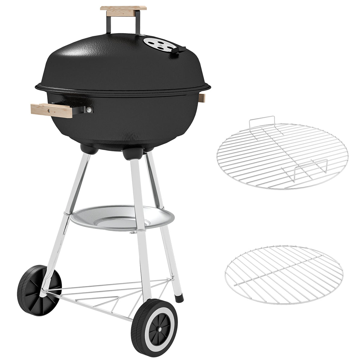 Portable Charcoal Grill with Air Vents & Storage Shelf, Black