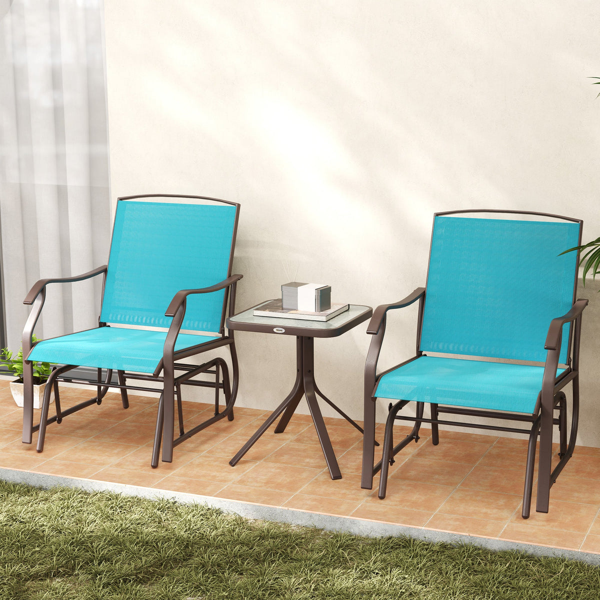 3 Piece Patio Glider Set with Breathable Mesh Seat & Glass Top Table, Blue