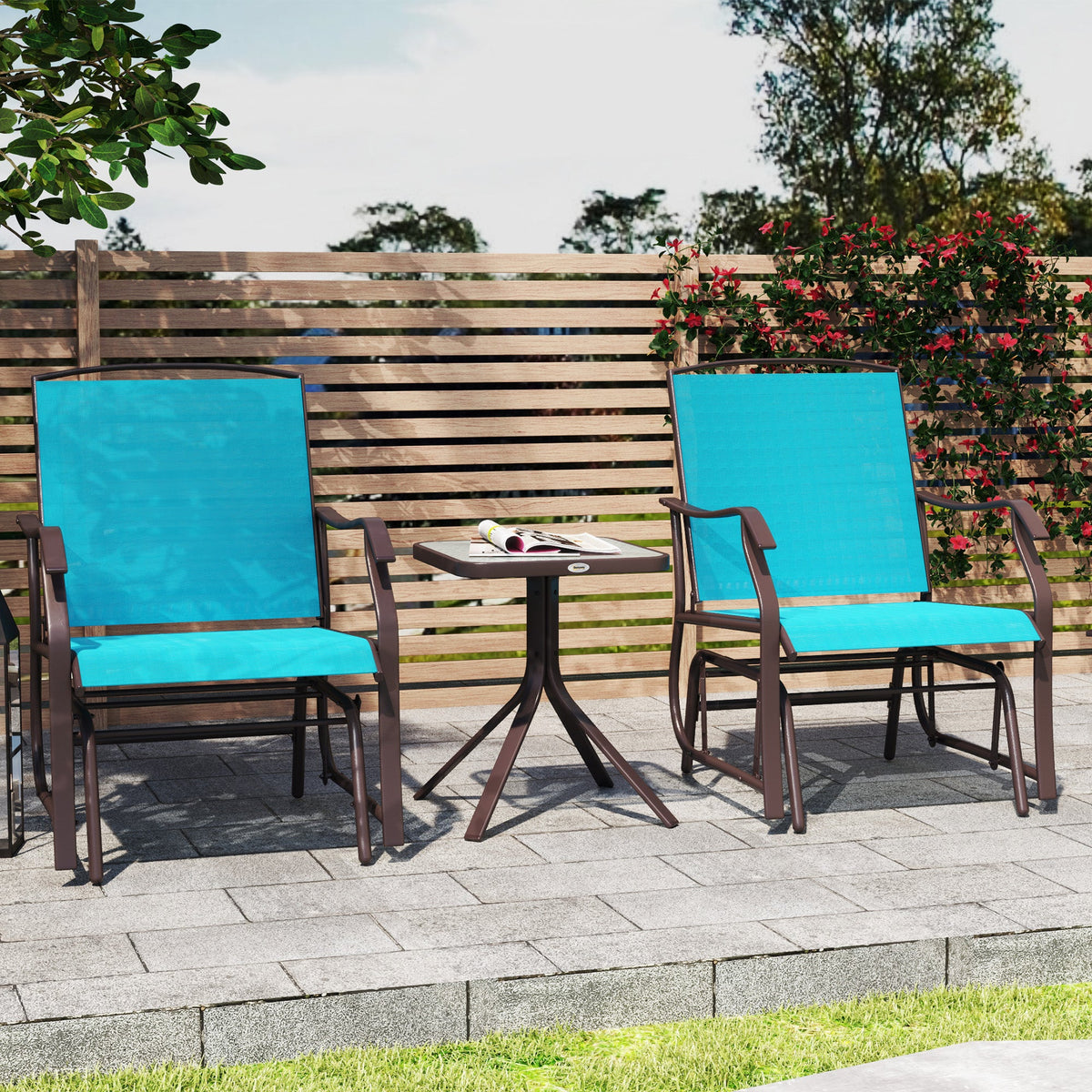 3 Piece Patio Glider Set with Breathable Mesh Seat & Glass Top Table, Blue