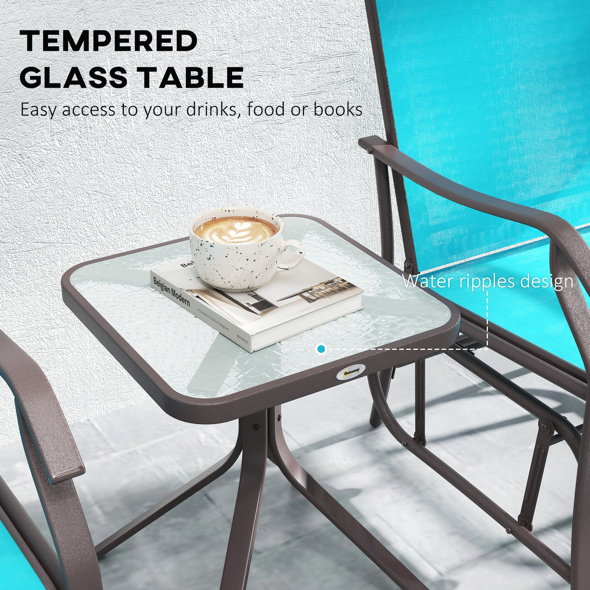 3 Piece Patio Glider Set with Breathable Mesh Seat & Glass Top Table, Blue