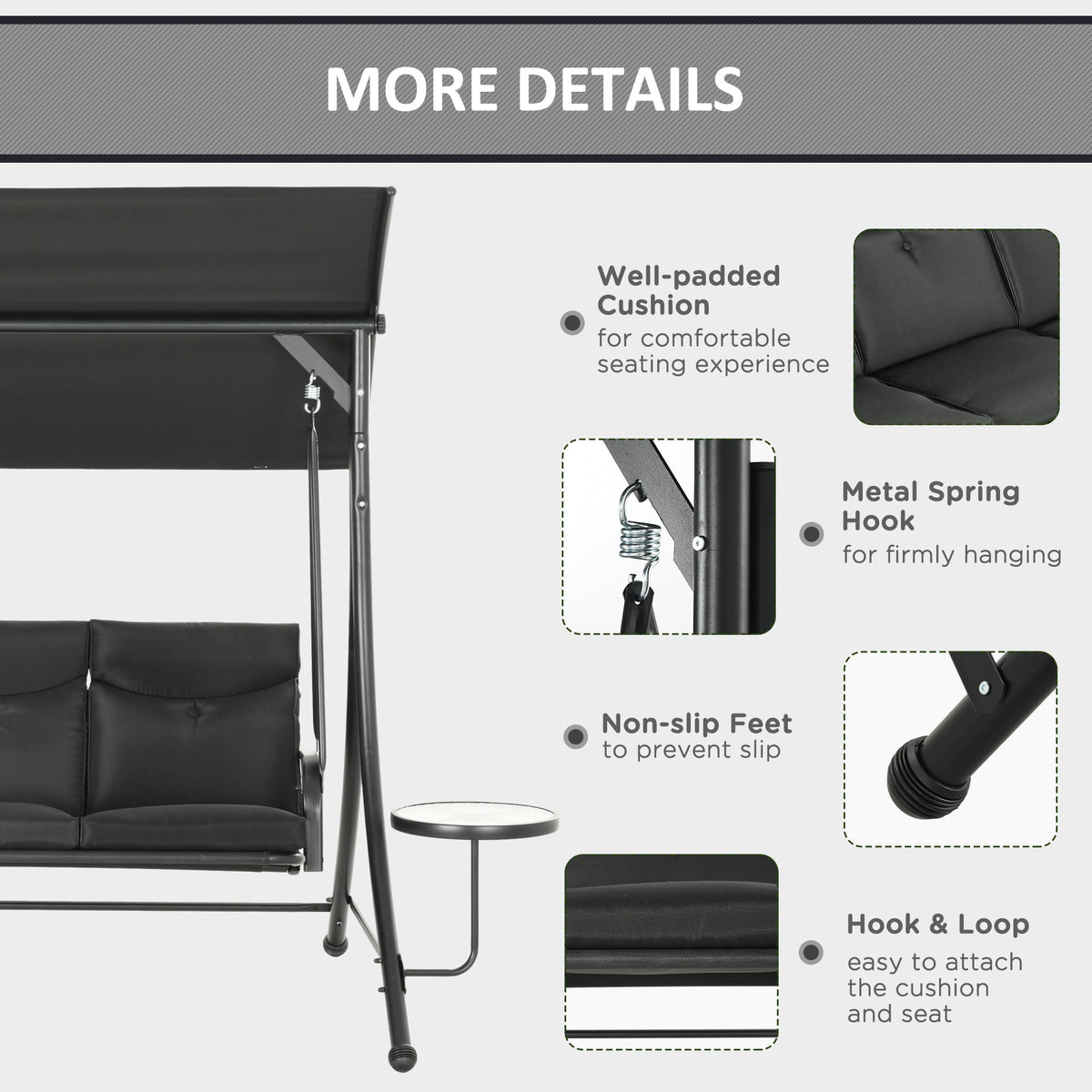 3 Seat Outdoor Swing Chair,  Steel Swing Bench with Adjustable Canopy & Cusions, Black