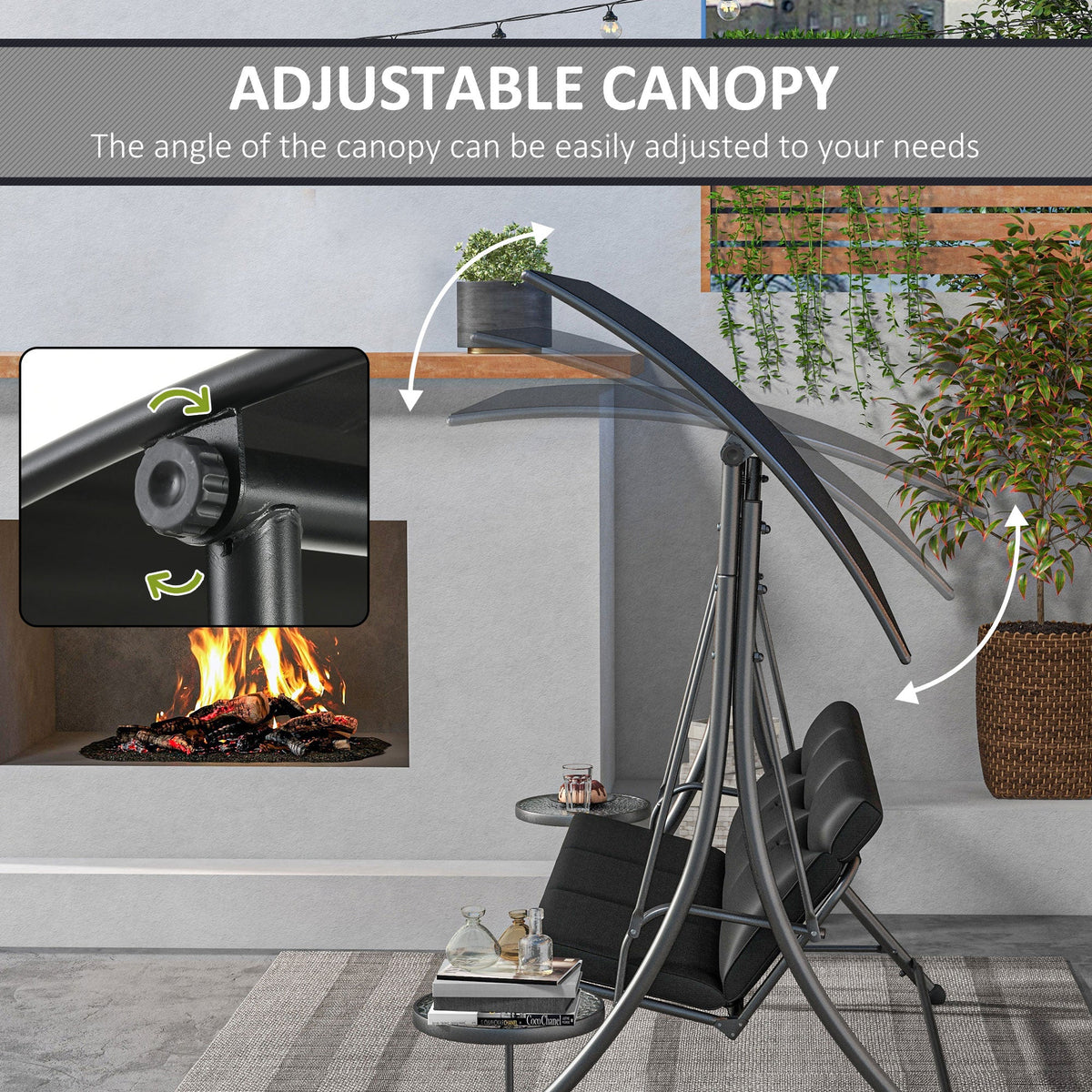 3 Seat Outdoor Swing Chair,  Steel Swing Bench with Adjustable Canopy & Cusions, Black