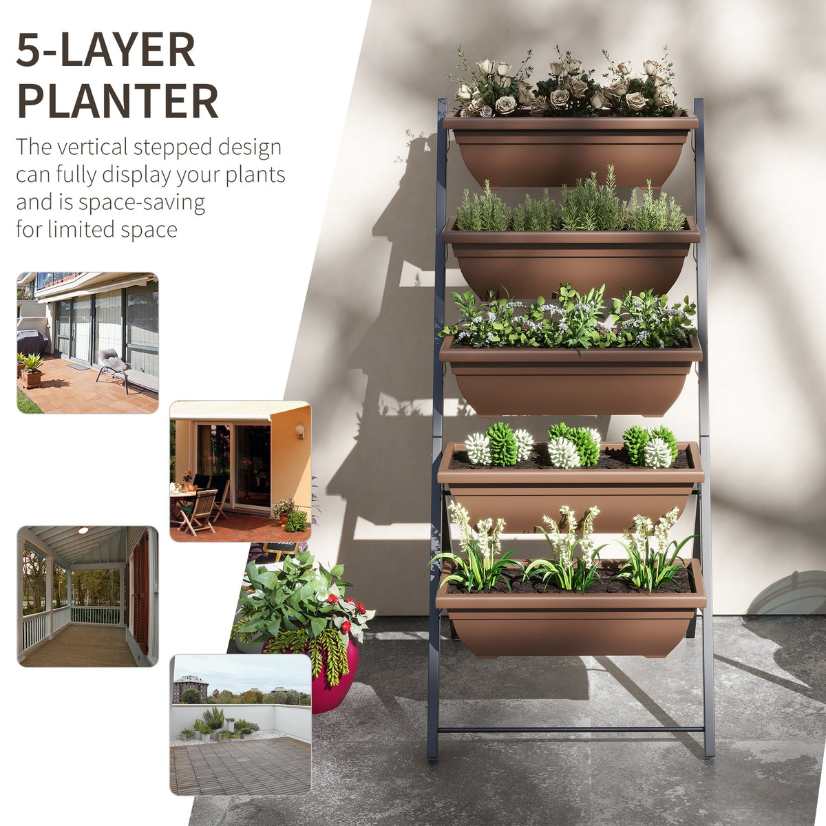 5-Tier Raised Garden Bed with 5 Planter Boxes, Brown