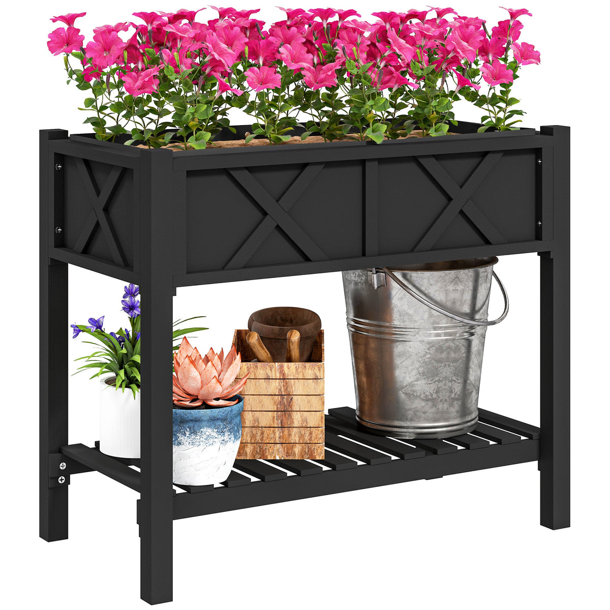 Wooden Raised Garden Bed with Storage Shelf, Drainage Holes and Liner, 34" x 18" x 30",Black