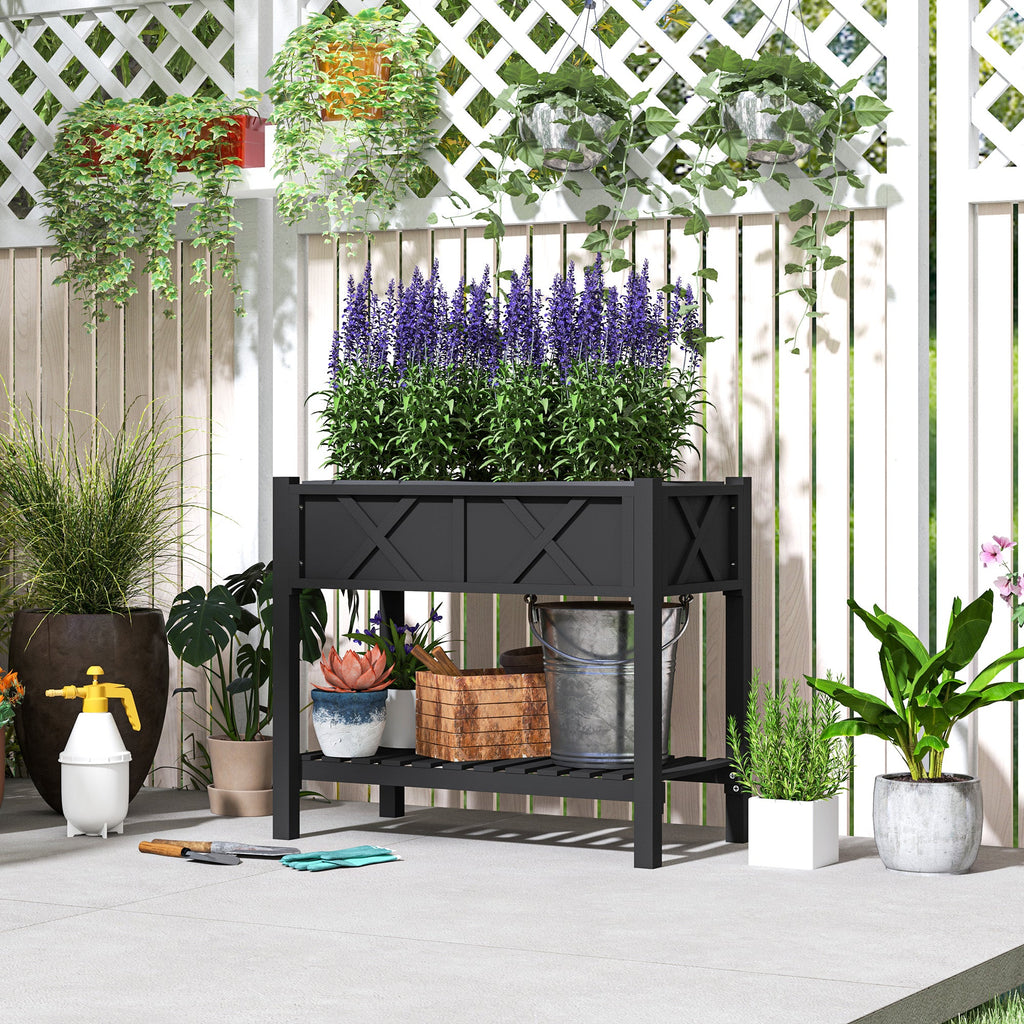 Wooden Raised Garden Bed with Storage Shelf, Drainage Holes and Liner, 34" x 18" x 30",Black