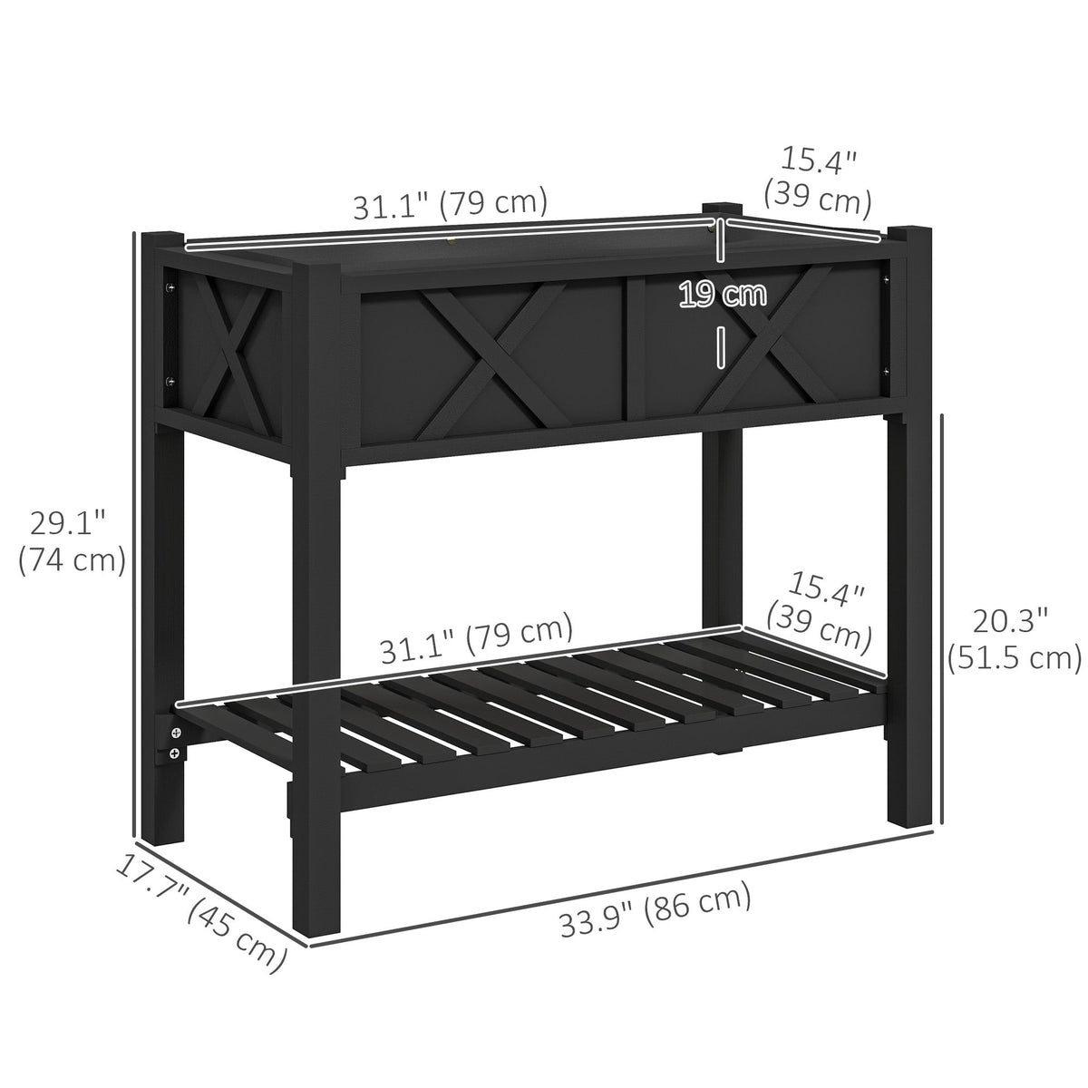 Wooden Raised Garden Bed with Storage Shelf, Drainage Holes and Liner, 34" x 18" x 30",Black