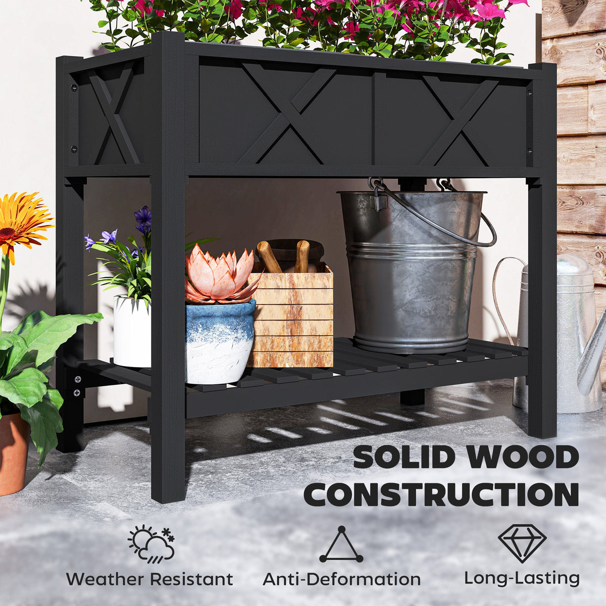 Wooden Raised Garden Bed with Storage Shelf, Drainage Holes and Liner, 34" x 18" x 30",Black