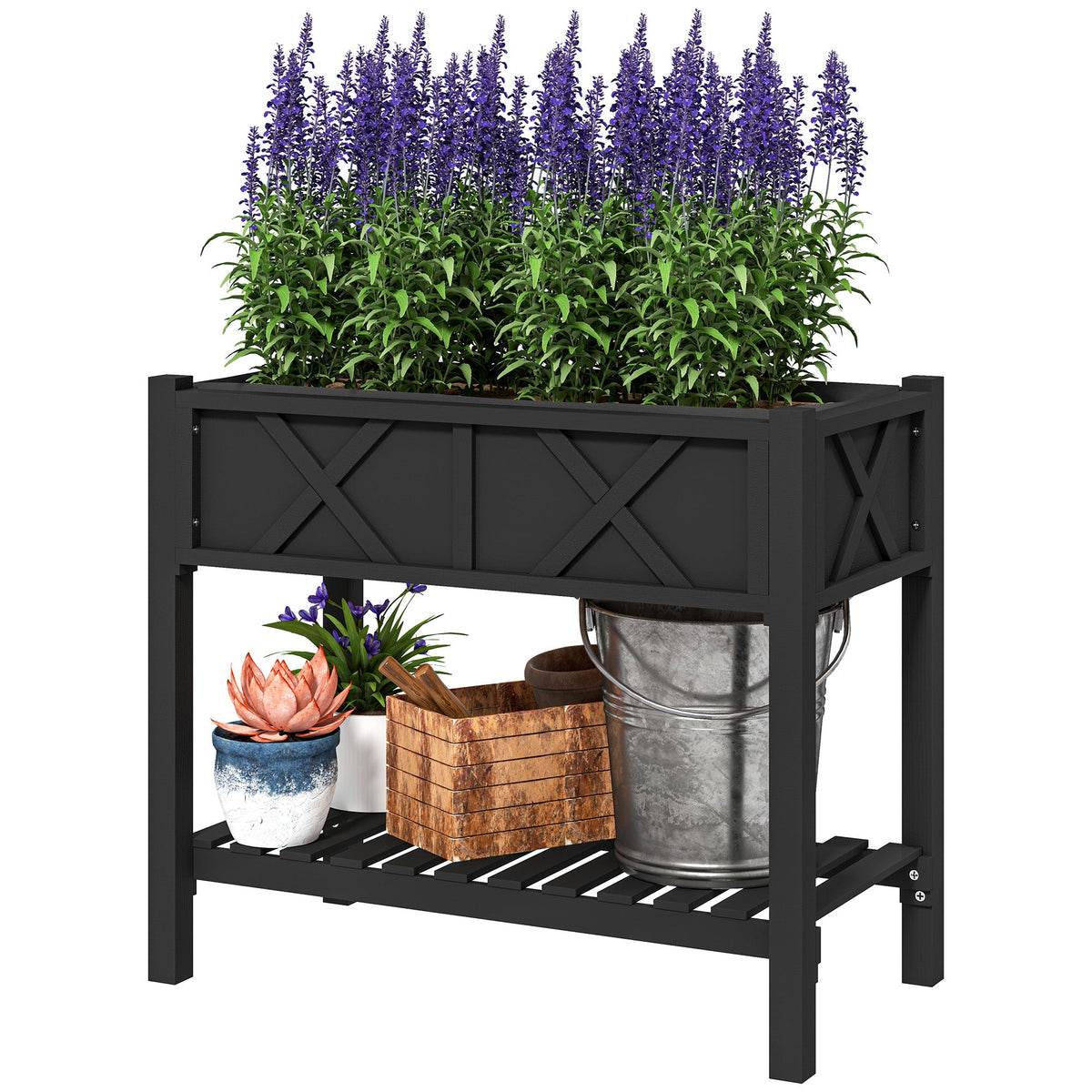 Wooden Raised Garden Bed with Storage Shelf, Drainage Holes and Liner, 34" x 18" x 30",Black