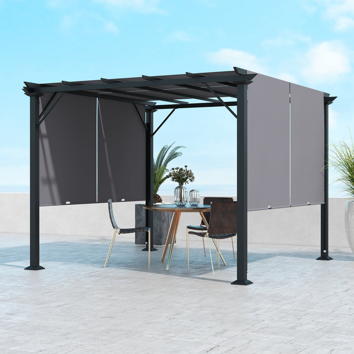 10' x 10' Outdoor Gazebo with Sun Shade Canopy and Steel Frame, Grey