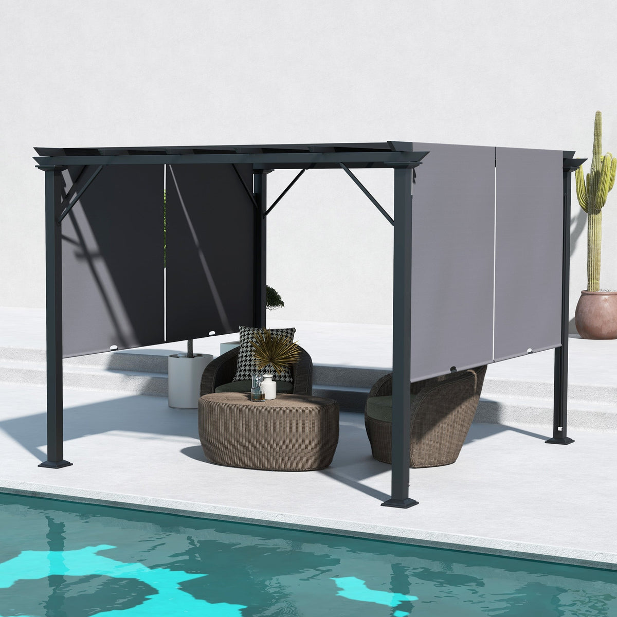 10' x 10' Outdoor Gazebo with Sun Shade Canopy and Steel Frame, Grey