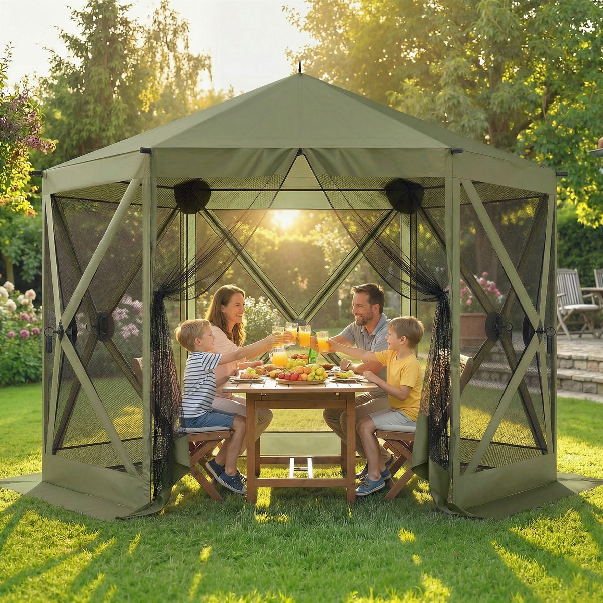 10' x 11' Pop Up Gazebo Screen Tent with Mesh Netting, Dark Green