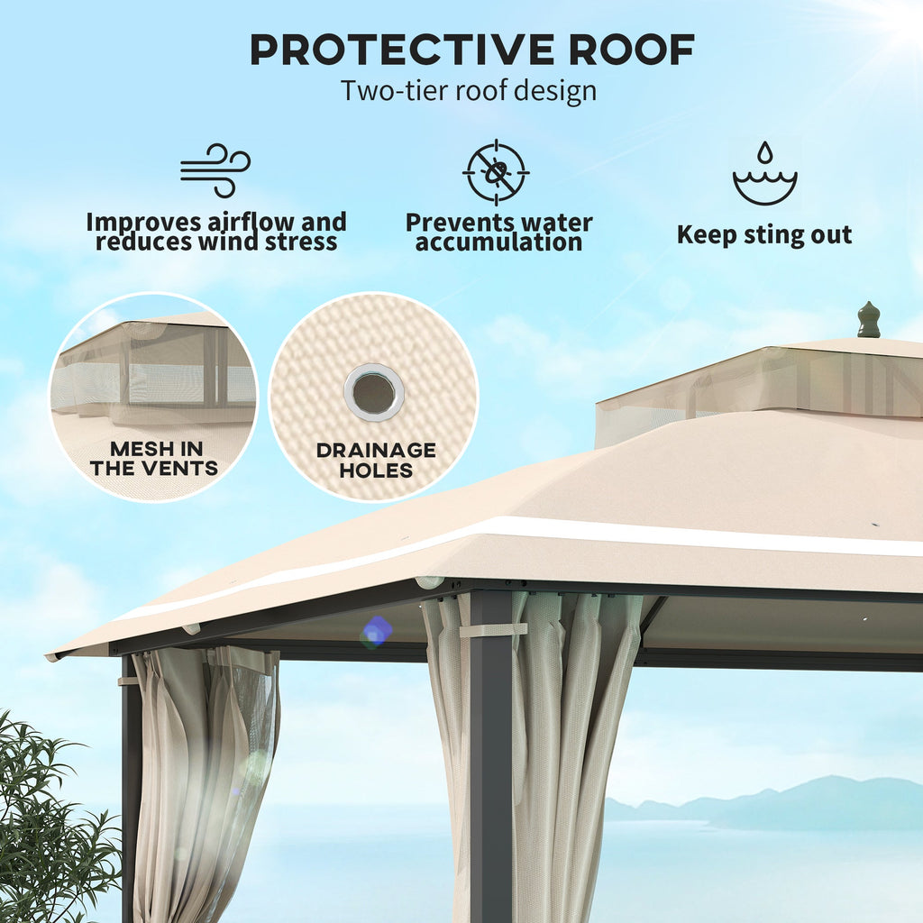 10' x 12' Double Roof Gazebo with Mosquito Netting & Curtains, Beige