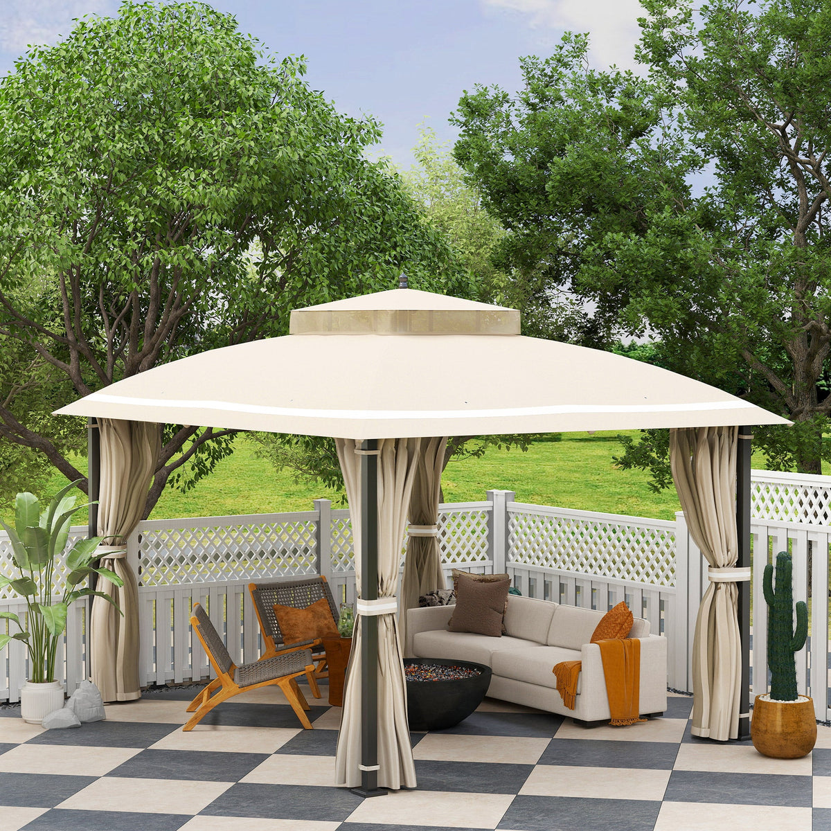 10' x 12' Double Roof Gazebo with Mosquito Netting & Curtains, Beige