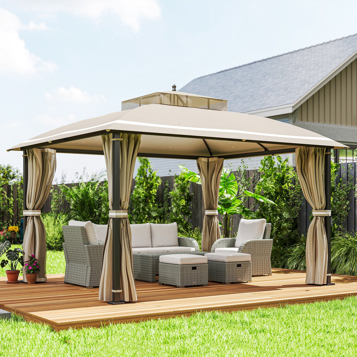 10' x 12' Double Roof Gazebo with Mosquito Netting & Curtains, Beige