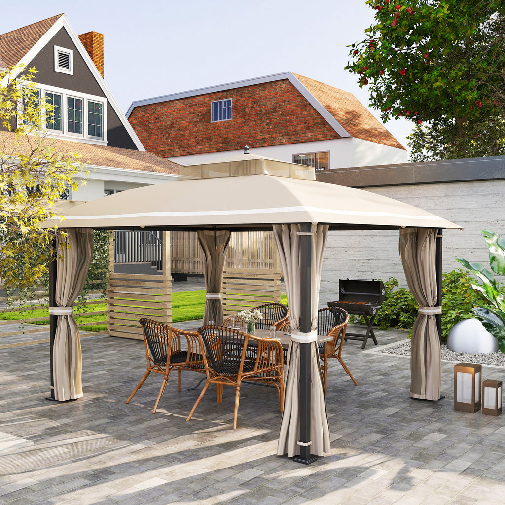 10' x 12' Double Roof Gazebo with Mosquito Netting & Curtains, Beige