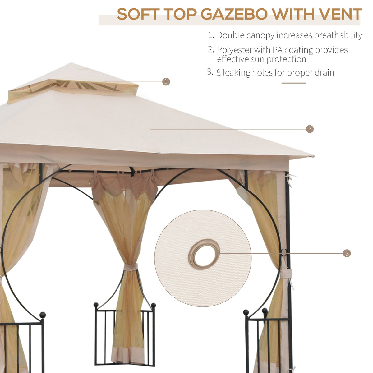 3 x 3m Garden Gazebo with Double Tier Roof & Netting, Beige