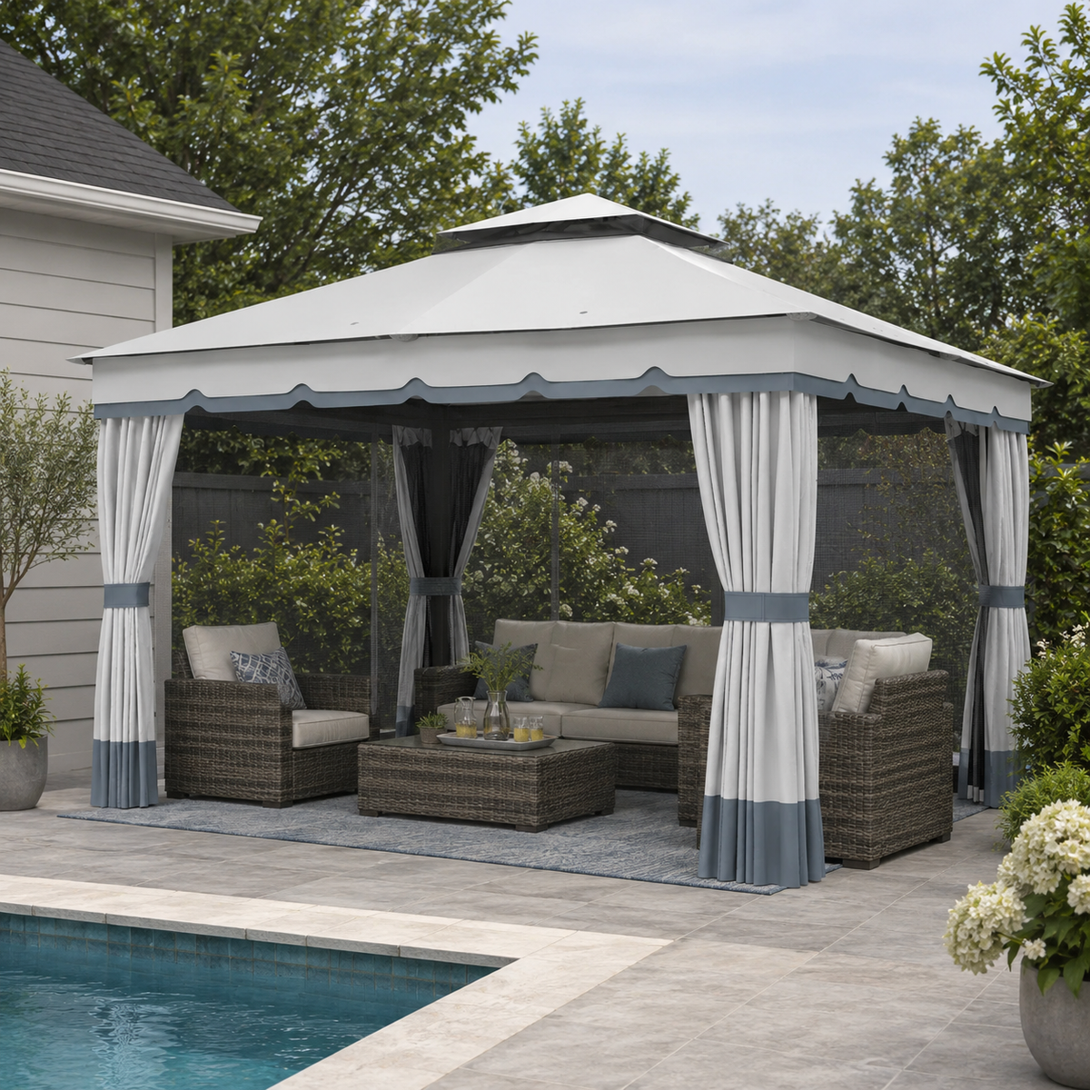 10' x 12' Double Roof Gazebo with Netting & Curtains, Light Grey
