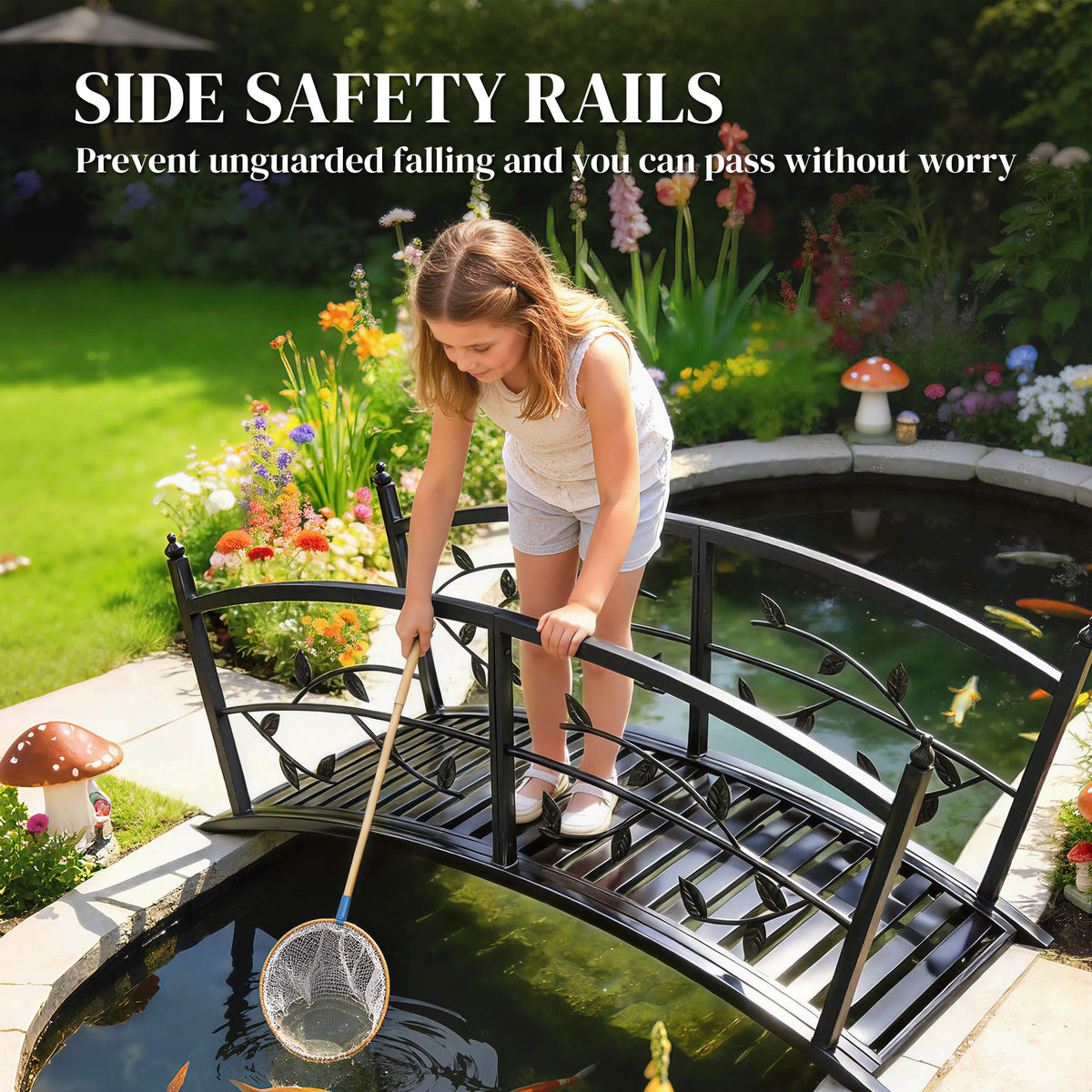 1.2M Metal Garden Bridge with Safety Railings, Black