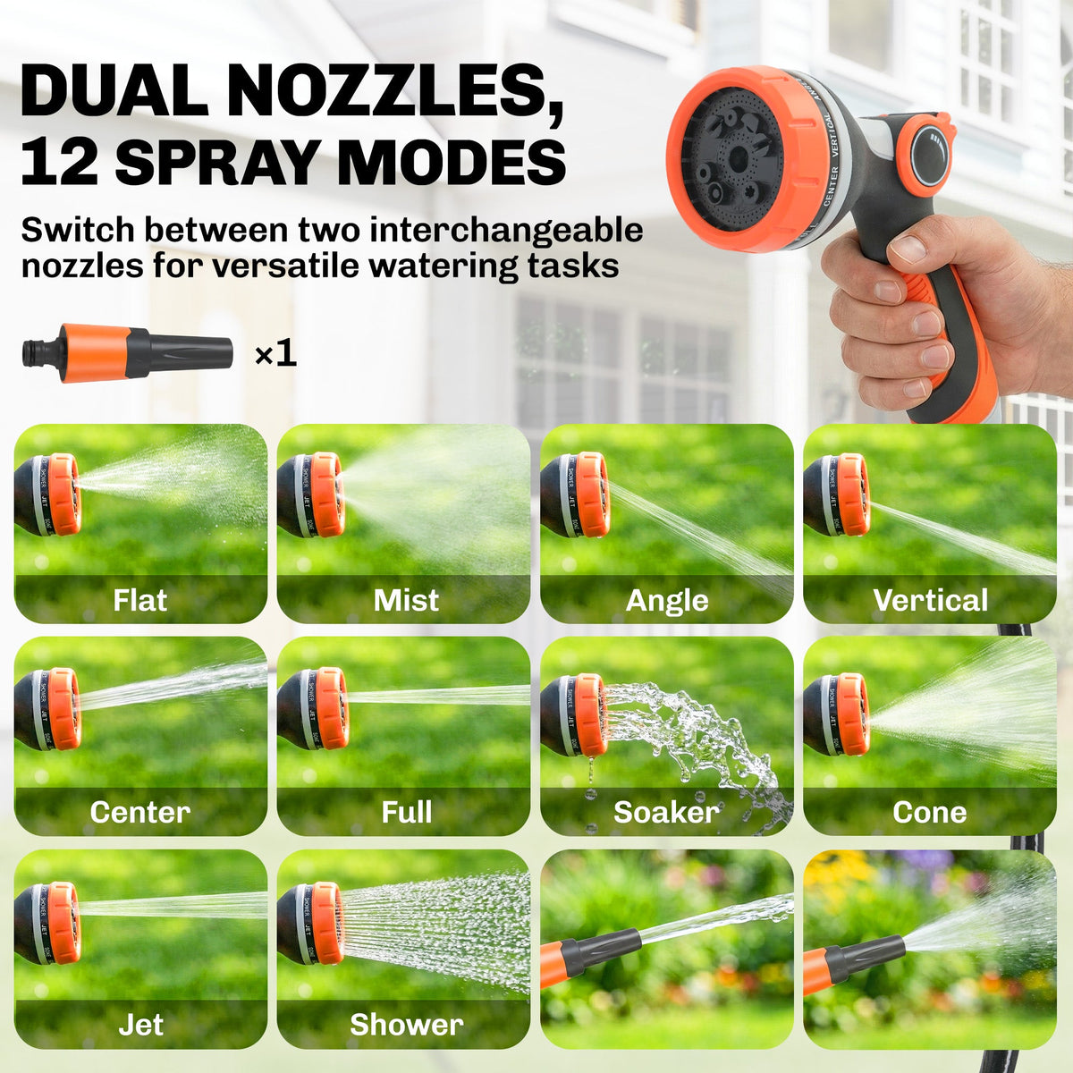 23+2m Retractable Wall Hose Reel with Auto Retraction & 12-Pattern Nozzle, Orange