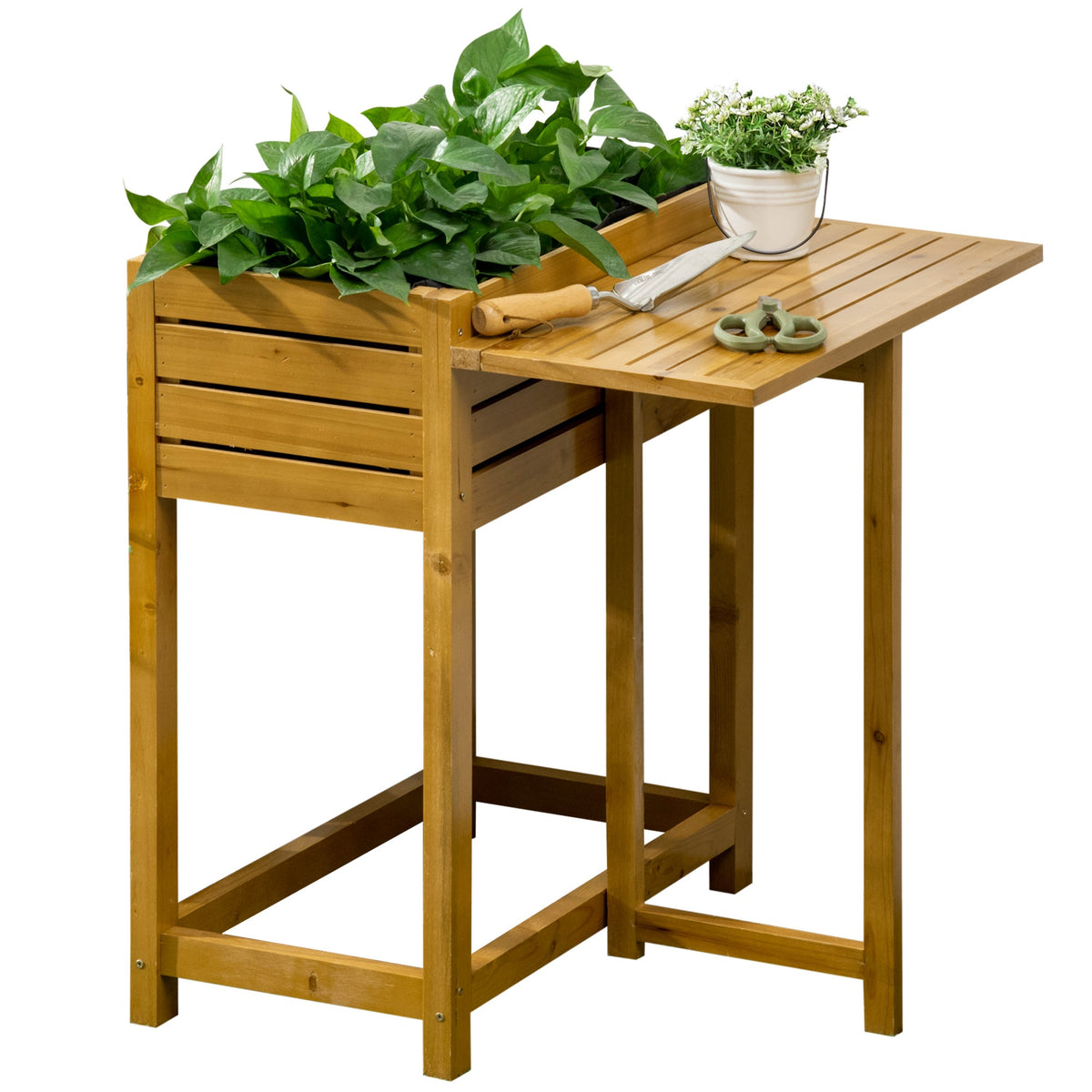 Raised Garden Bed with Folding Side Table, Elevated Wood Planter Box for Flowers, Herbs and Vegetables, Use for Patio, Backyard, Balcony