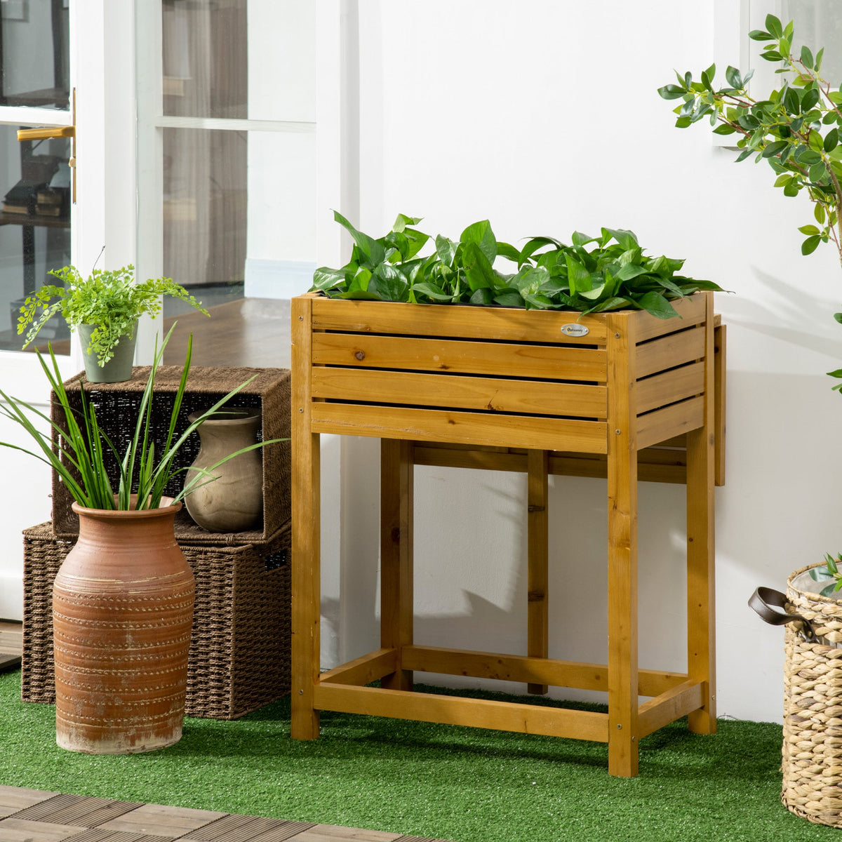 Raised Garden Bed with Folding Side Table, Elevated Wood Planter Box for Flowers, Herbs and Vegetables, Use for Patio, Backyard, Balcony