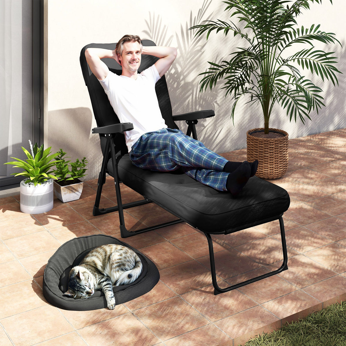 Outdoor Folding Reclining Lounge Chair with Padded Cushion Recline Back & Footrest, Black