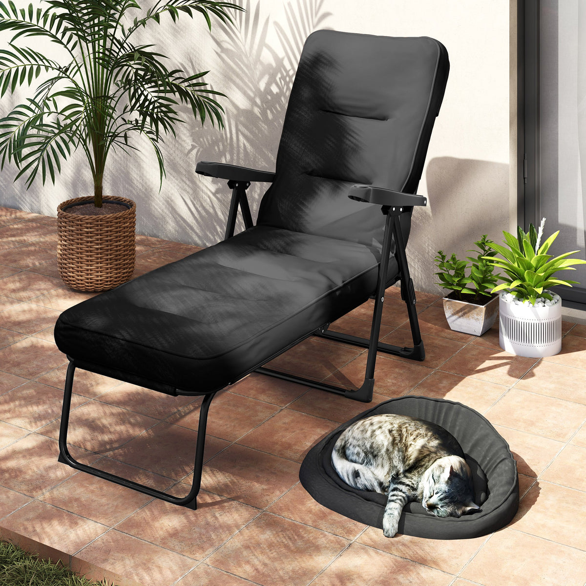 Outdoor Folding Reclining Lounge Chair with Padded Cushion Recline Back & Footrest, Black
