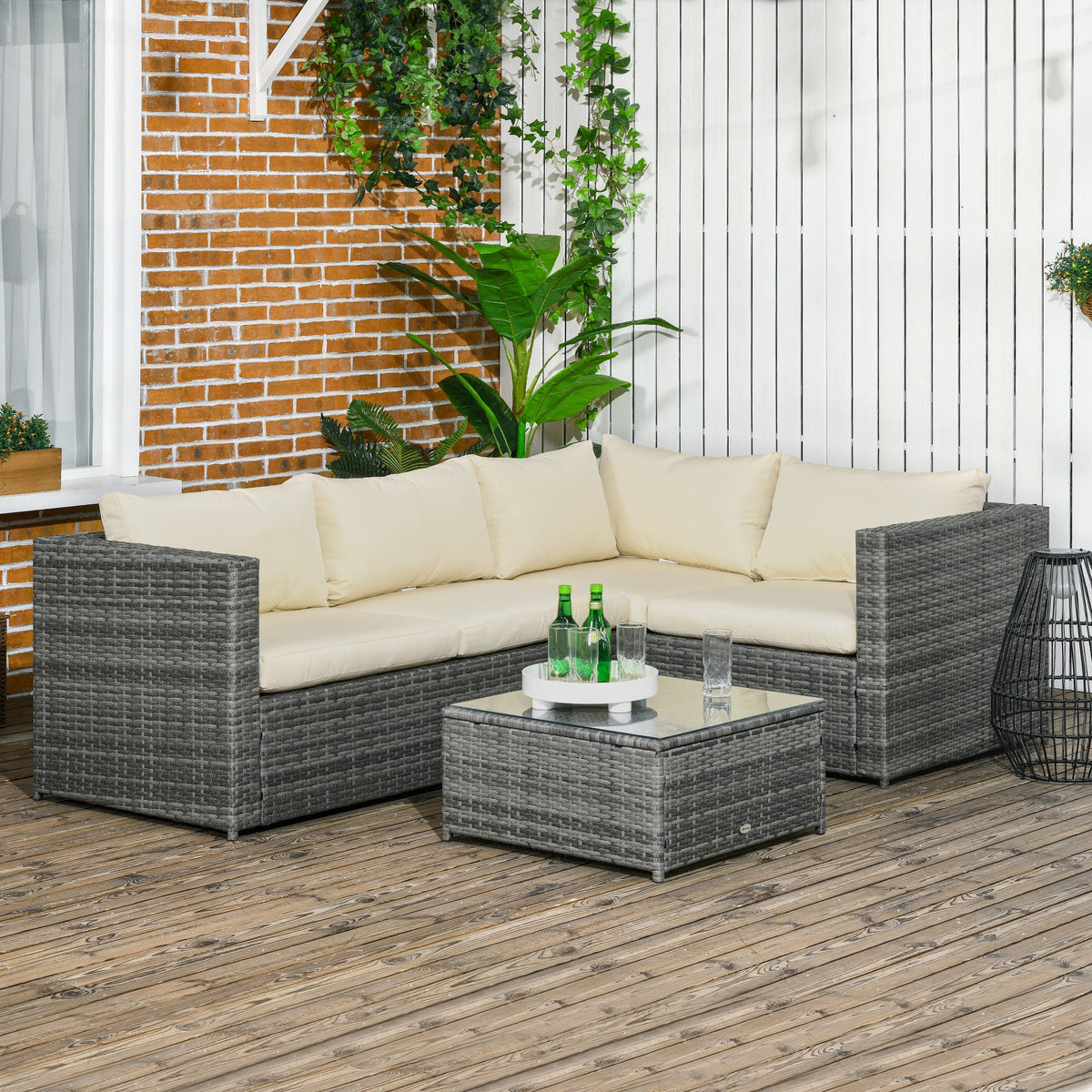 3 Piece PE Rattan Garden Furniture Set with Thick Cushions & Glass Table, Beige