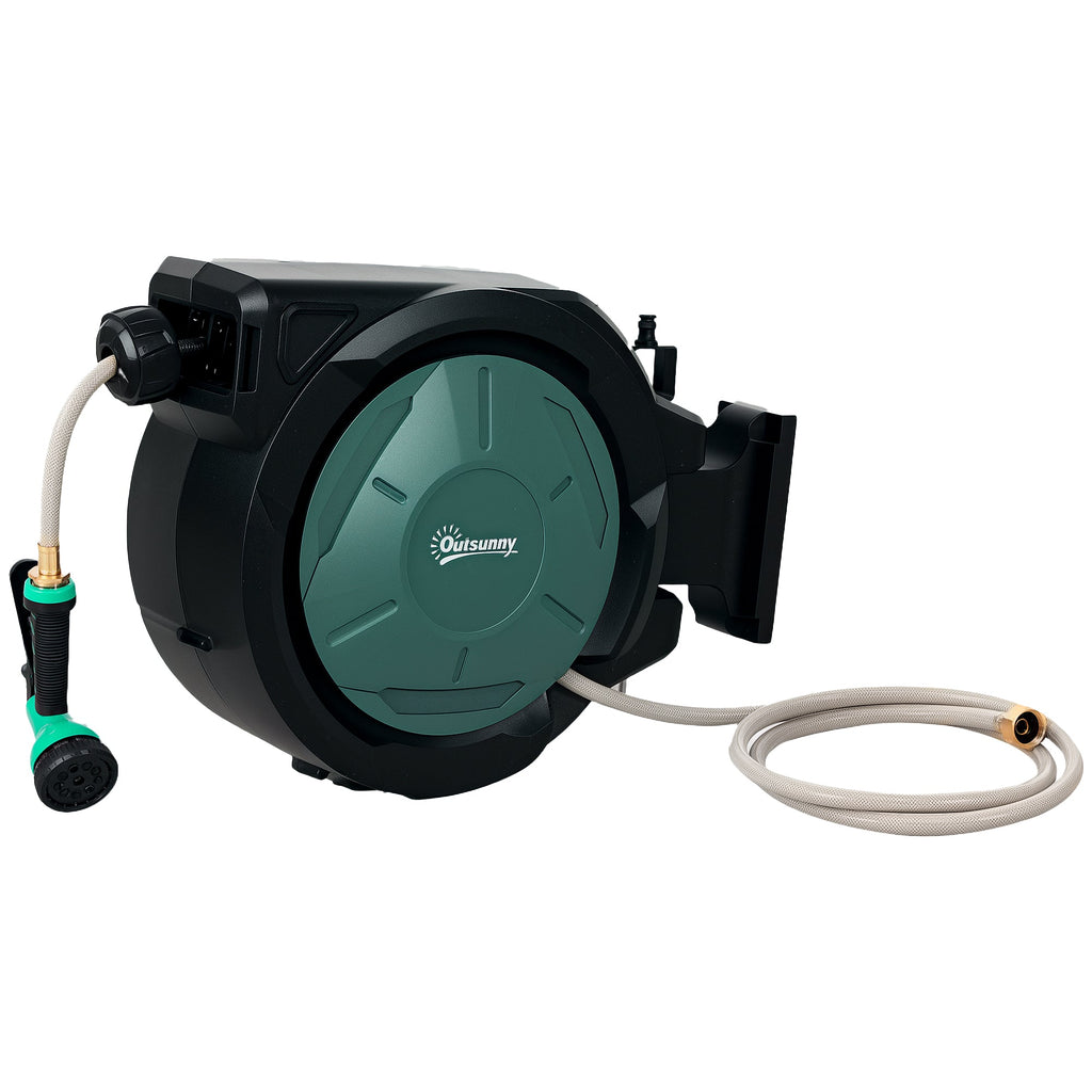 100ft Retractable Garden Hose Reel with 7 Function Sprayer Nozzle & Any Length Lock, Black