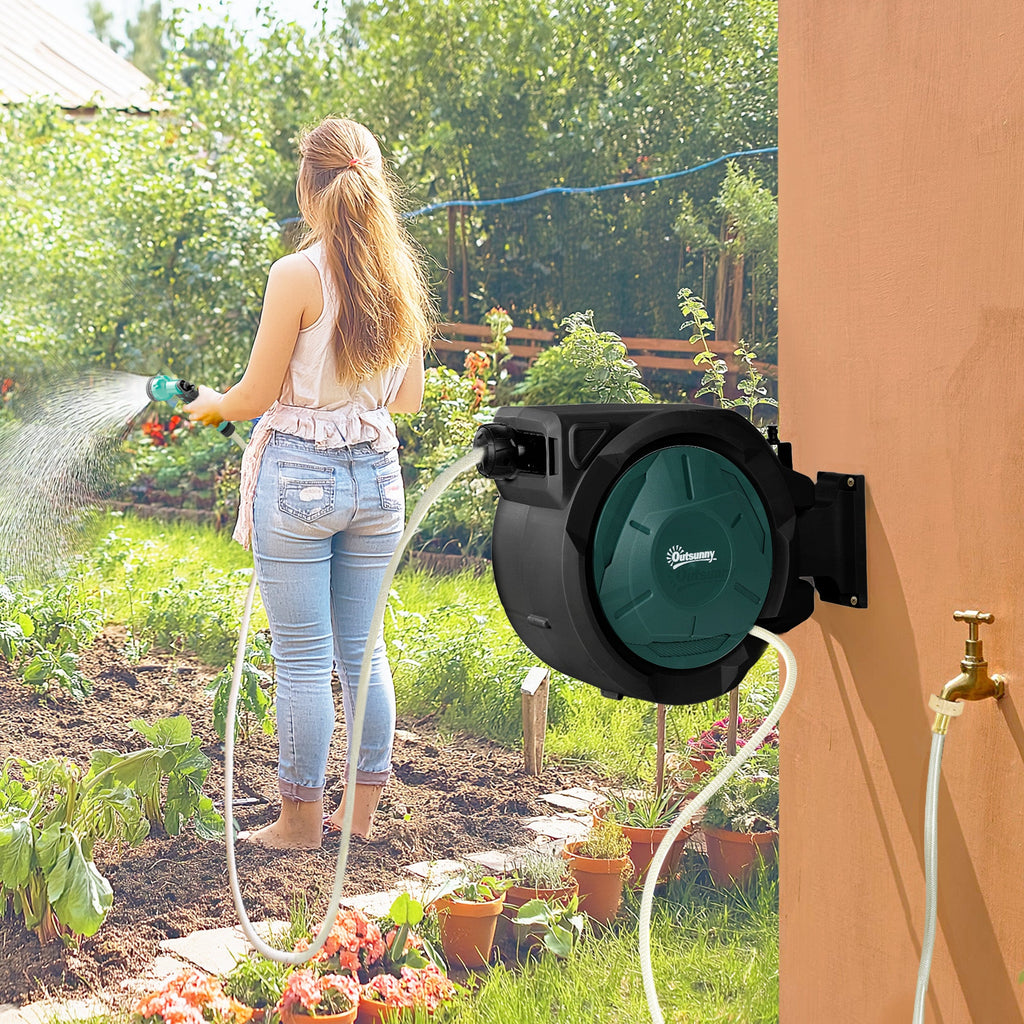 100ft Retractable Garden Hose Reel with 7 Function Sprayer Nozzle & Any Length Lock, Black