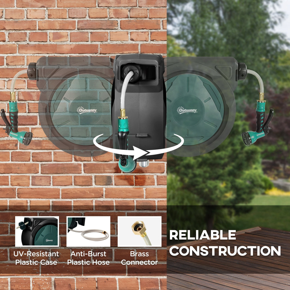 100ft Retractable Garden Hose Reel with 7 Function Sprayer Nozzle & Any Length Lock, Black