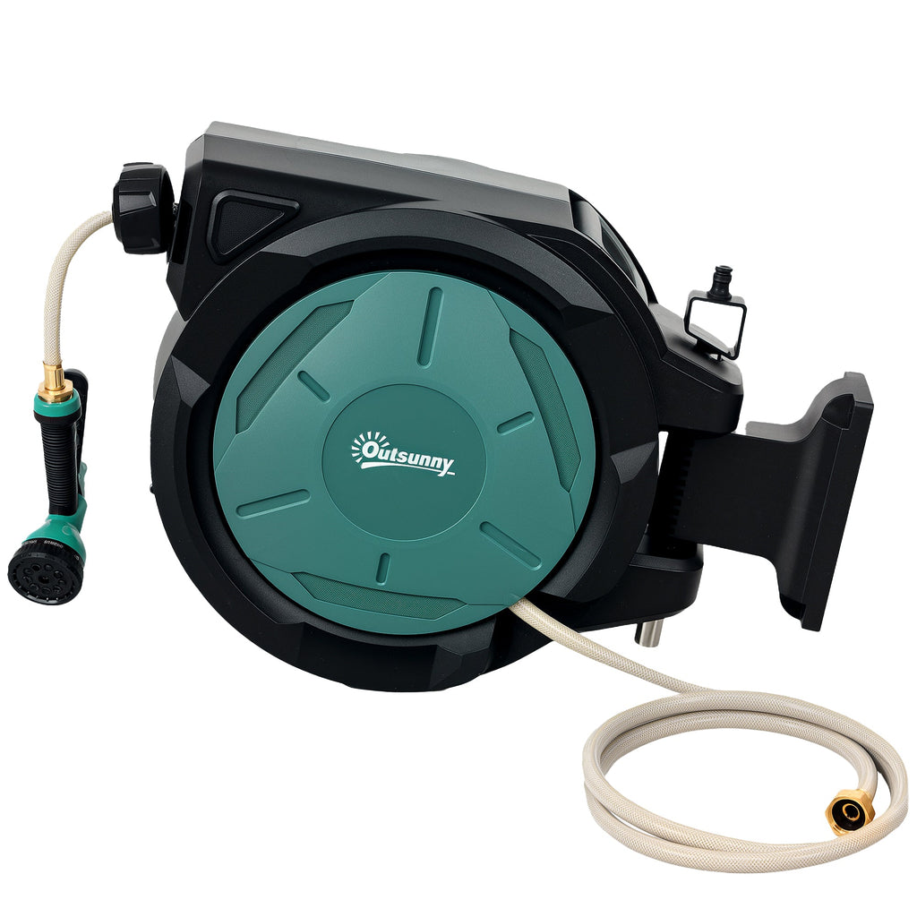 65ft Retractable Garden Hose Reel with 7 Function Sprayer Nozzle & Any Length Lock, Blue