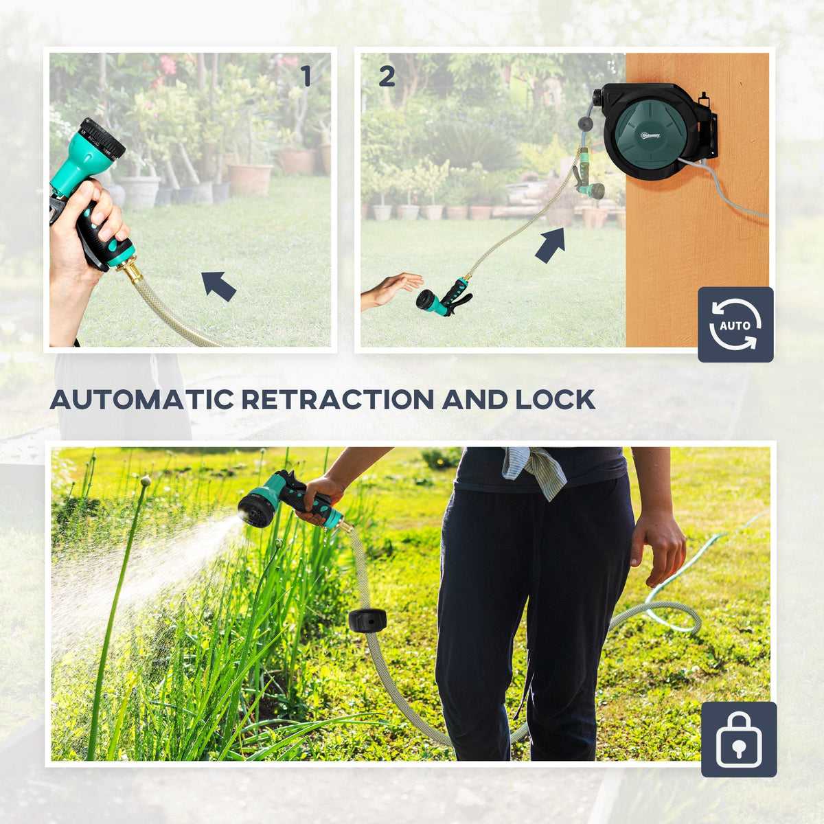 65ft Retractable Garden Hose Reel with 7 Function Sprayer Nozzle & Any Length Lock, Blue