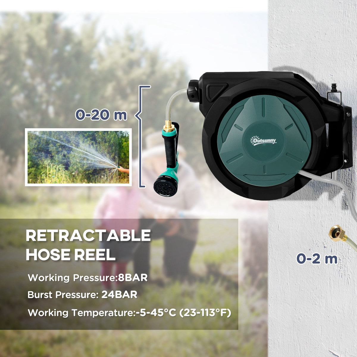 65ft Retractable Garden Hose Reel with 7 Function Sprayer Nozzle & Any Length Lock, Blue