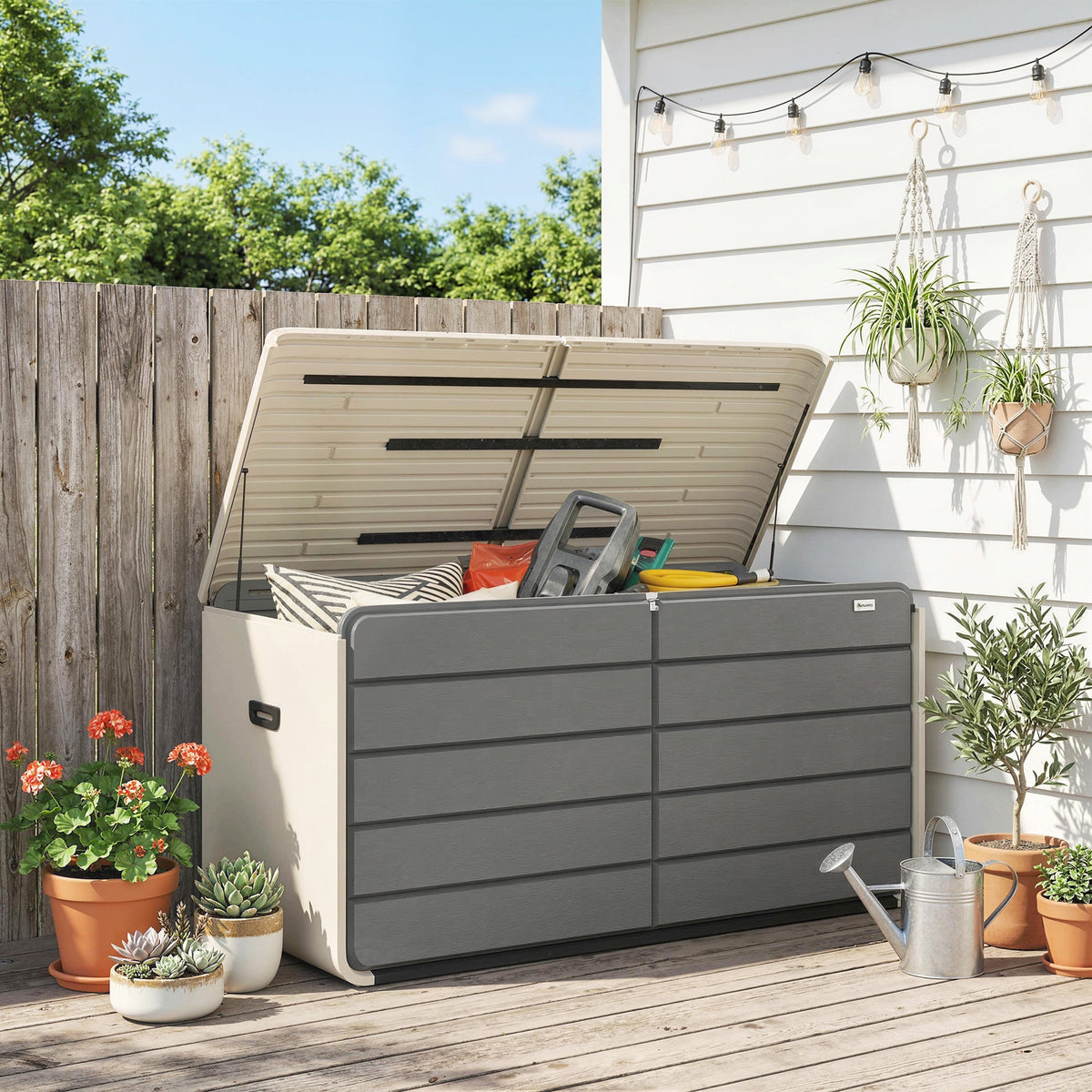 757 L Garden Storage Box with Wheels and Lockable Lid, Beige/Grey