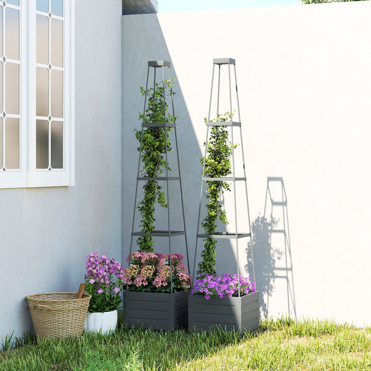 2 Pack Raised Garden Beds with Trellis & Drainage Tray, 28 x 28 x 140 cm