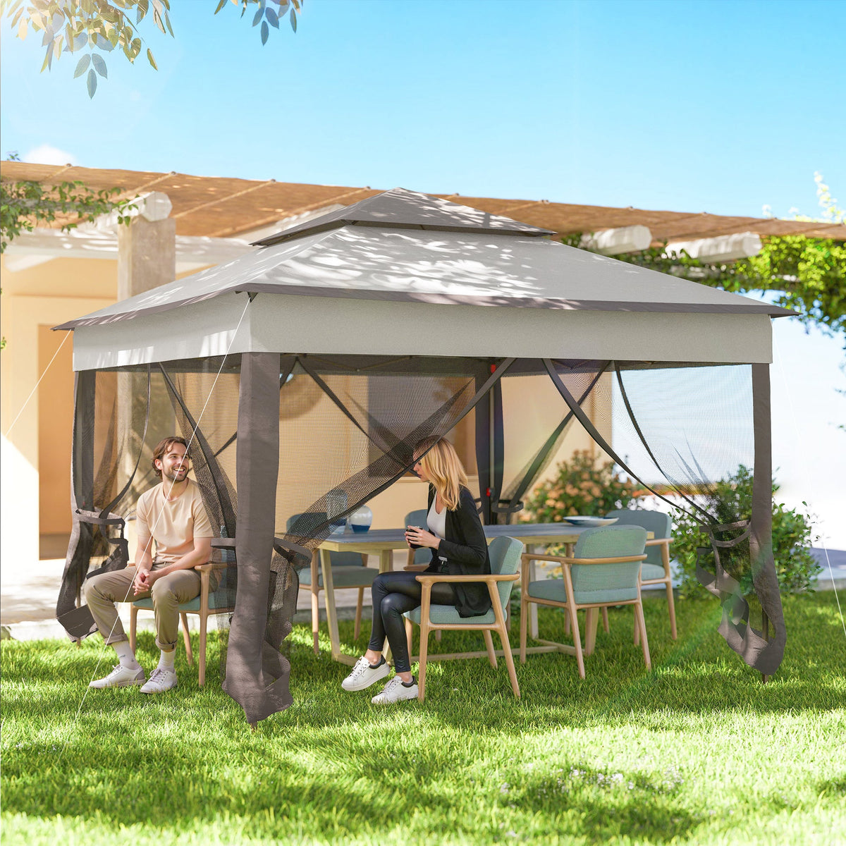 3 x 3m Pop Up Gazebo with Double Tier Roof, Netting & Carry Bag, Light Grey