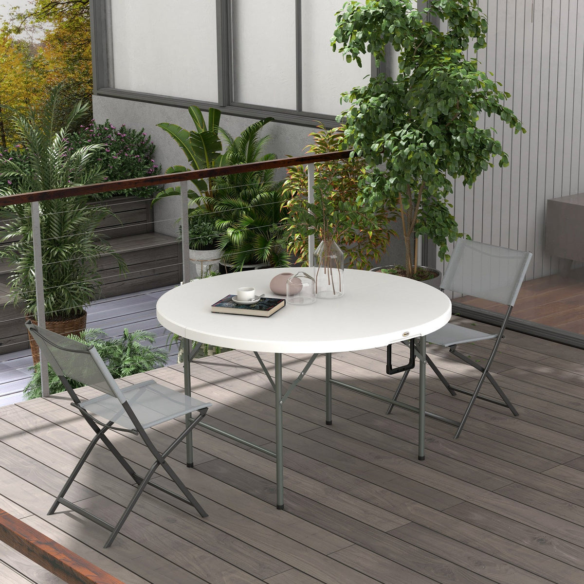 Φ48" Folding Patio Table, Outdoor HDPE Picnic Round Table for 6 with Metal Frame, White