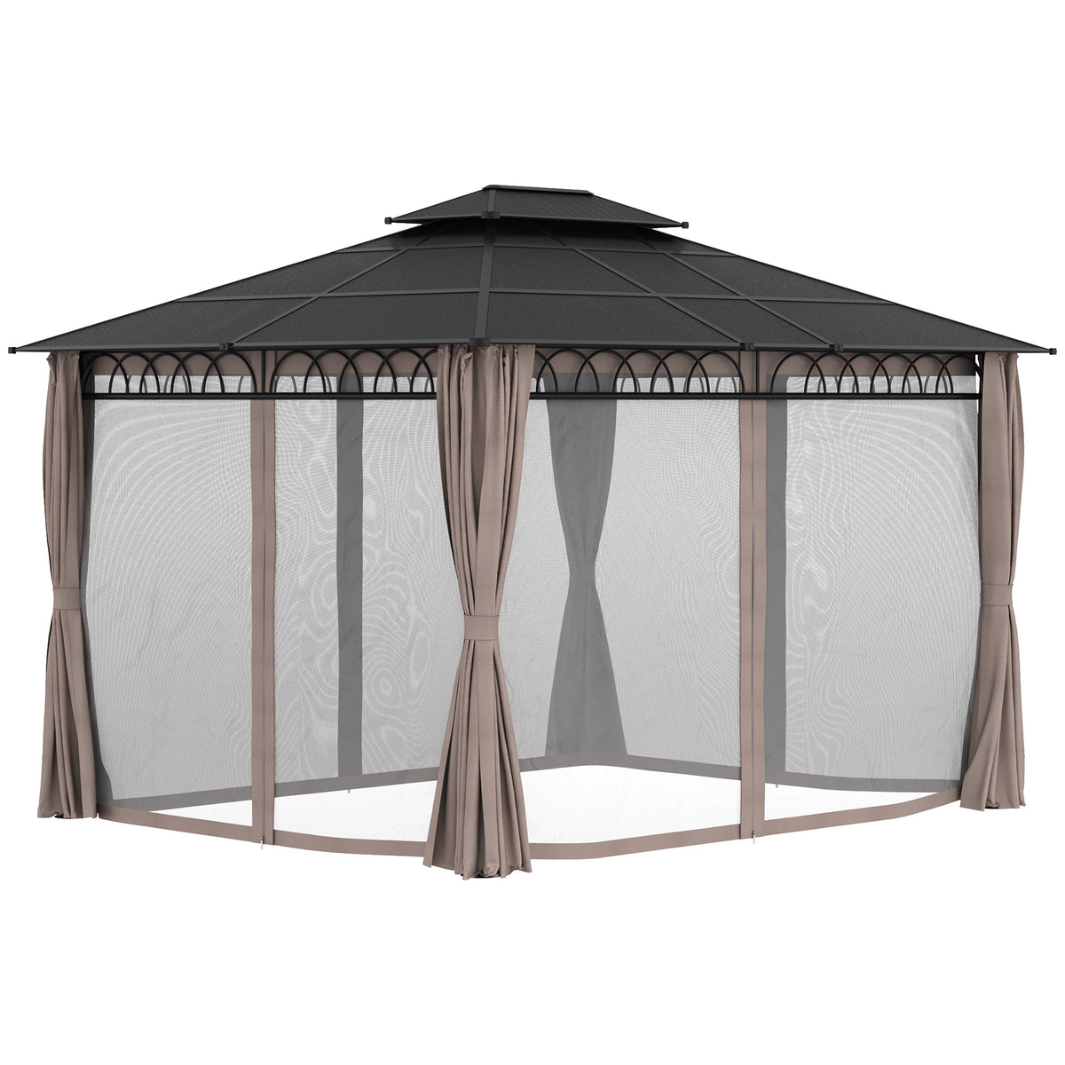 10' x 12' Outdoor Gazebo Canopy with Polycarbonate Roof, Nettings and Curtains, Khaki