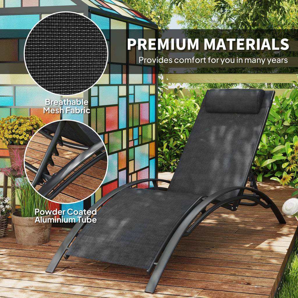 Aluminum Reclining Outdoor Tanning Lounge Chair with 5-Level Adjustable Backrest, Black