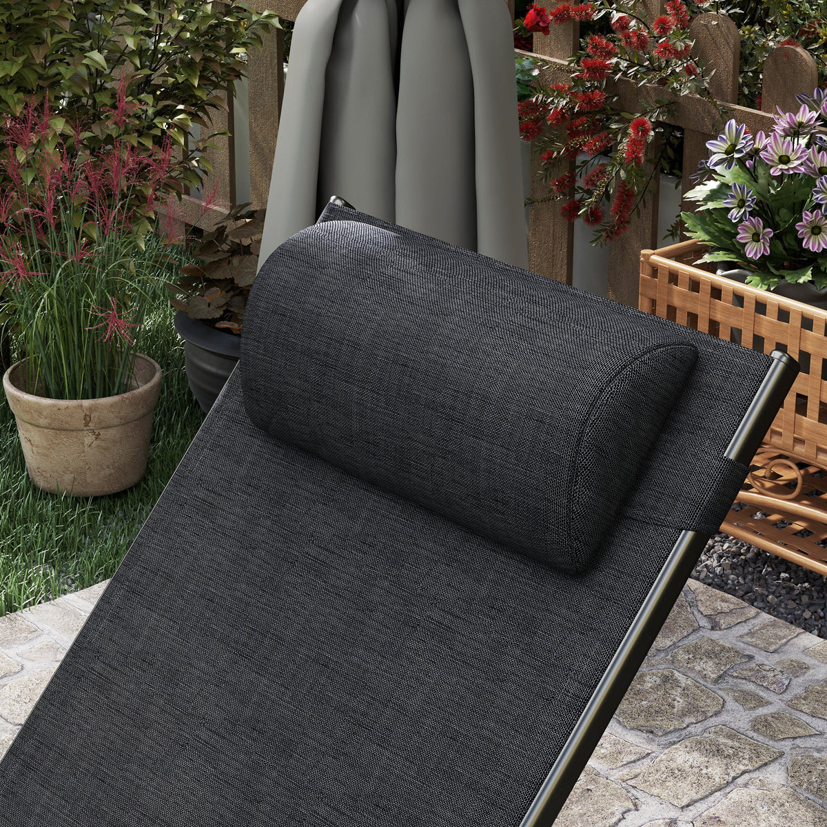 Aluminum Reclining Outdoor Tanning Lounge Chair with 5-Level Adjustable Backrest, Black