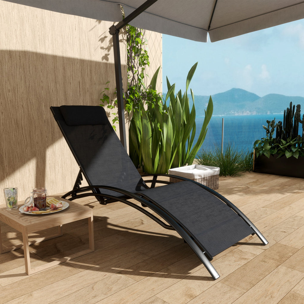 Aluminum Reclining Outdoor Tanning Lounge Chair with 5-Level Adjustable Backrest, Black