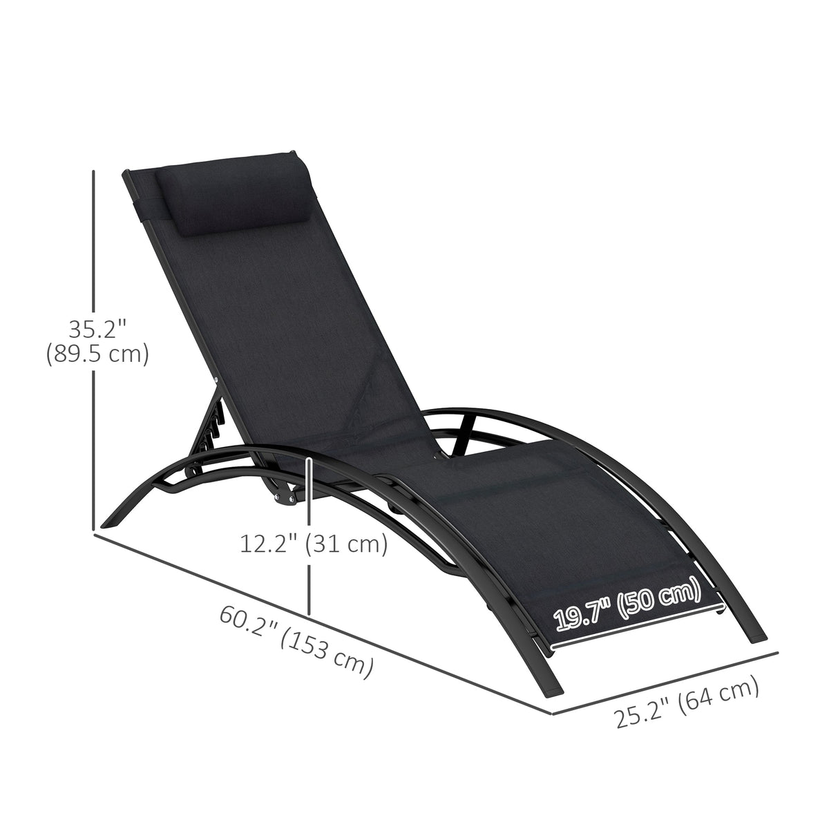 Aluminum Reclining Outdoor Tanning Lounge Chair with 5-Level Adjustable Backrest, Black