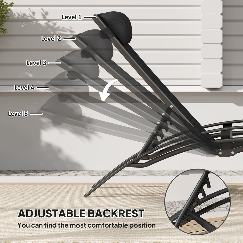 Aluminum Reclining Outdoor Tanning Lounge Chair with 5-Level Adjustable Backrest, Black