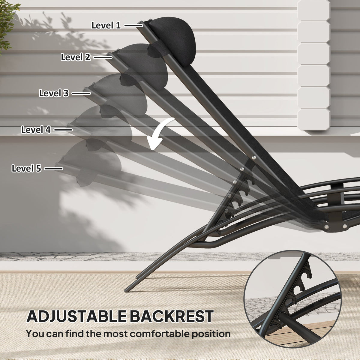 Aluminum Reclining Outdoor Tanning Lounge Chair with 5-Level Adjustable Backrest, Black