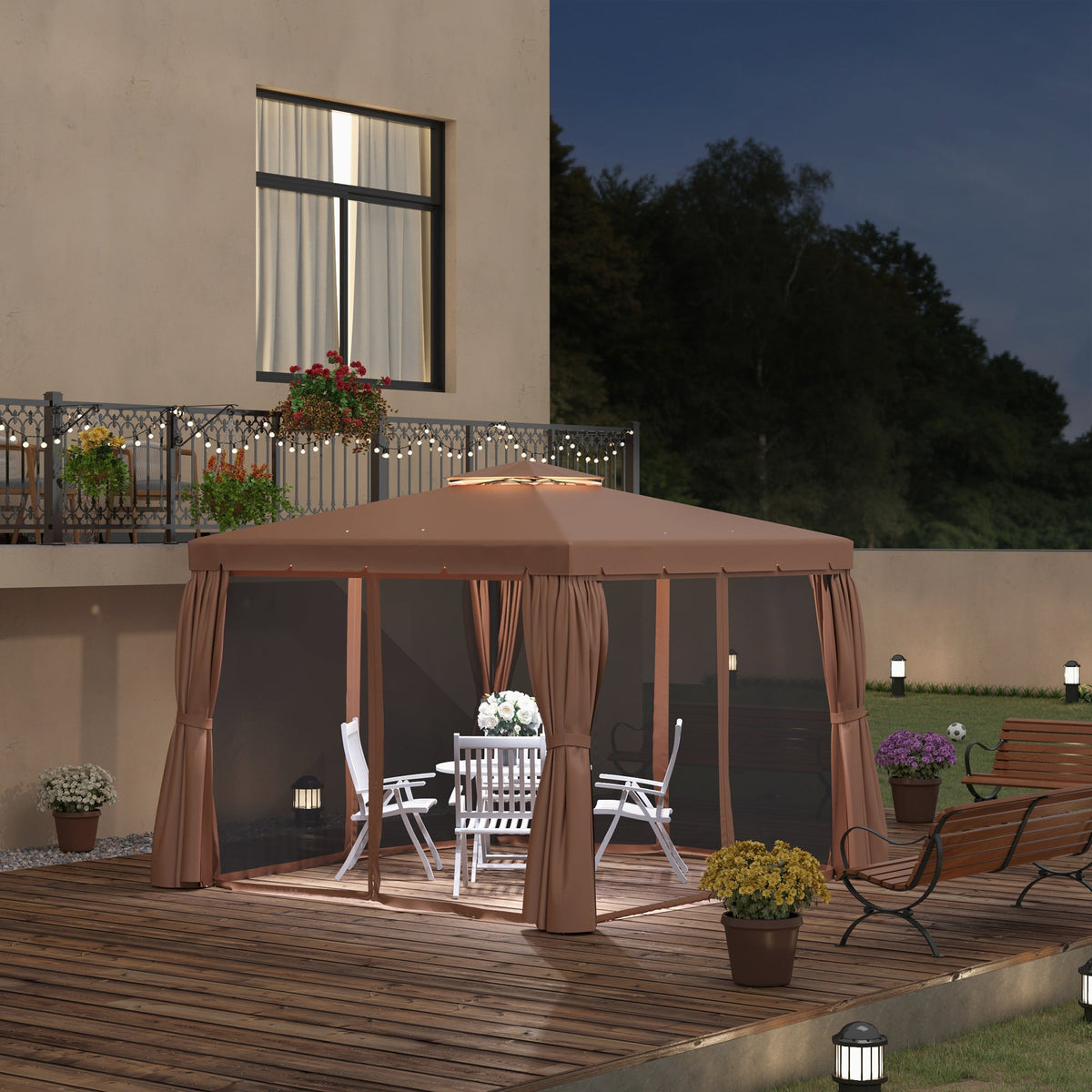 10' x 12' Soft-top Gazebo with Polyester Curtains & Mesh Screens, Brown