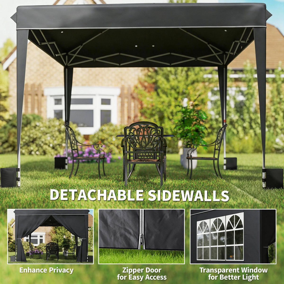 10 x 10 ft Pop Up Canopy Tent with Carry Bag, Sandbags, Adjustable Height for Parties, Events, Camping, UPF50+, Black