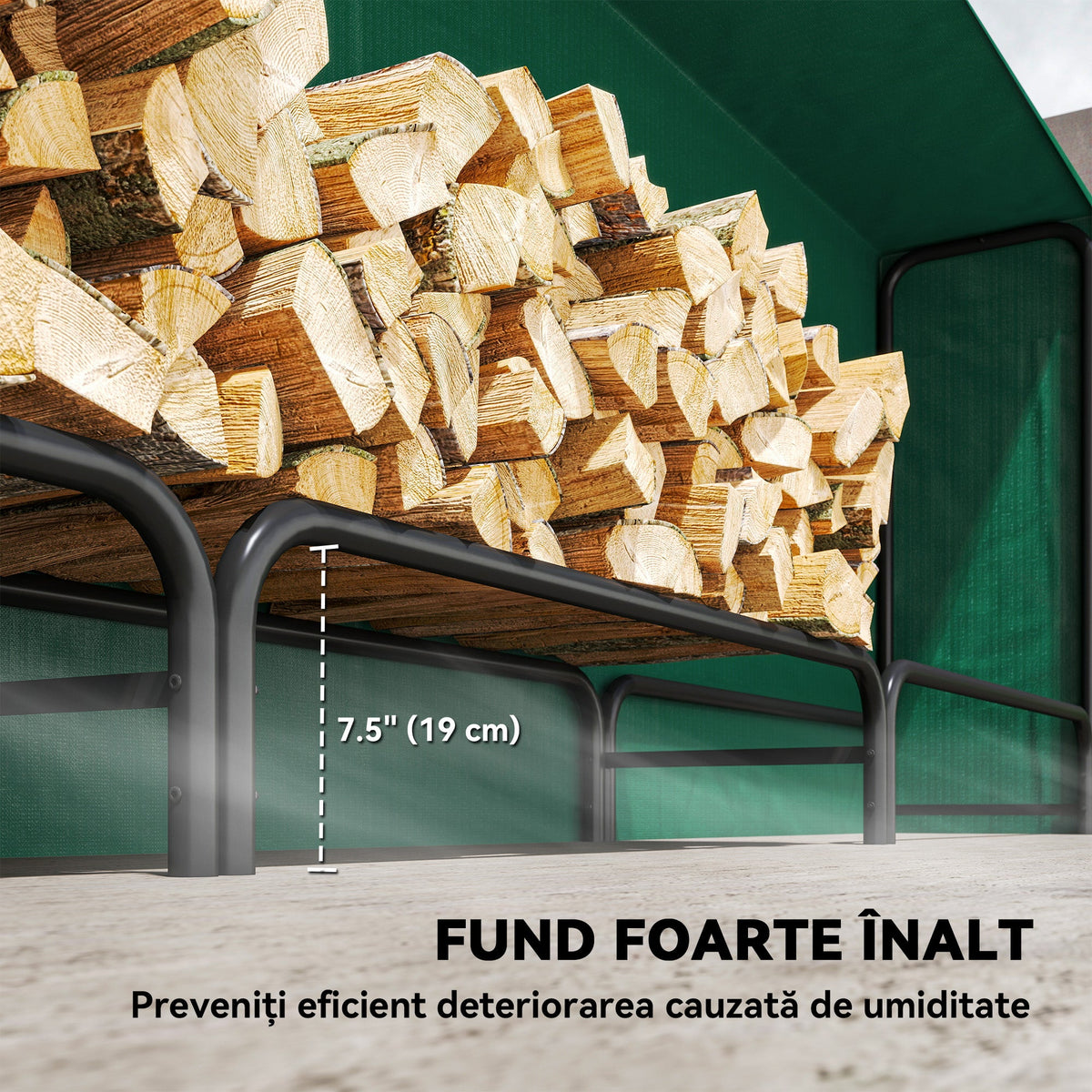 10 ft Heavy Duty Firewood Rack with Waterproof Cover & Steel Chains, Dark Green