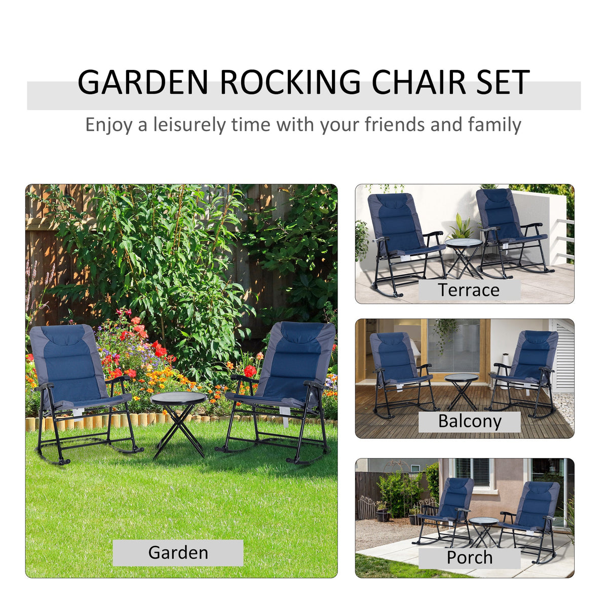 3pc Patio Foldable Rocking Chair Set, Outdoor Rocking Chairs and Table Bistro Set, Blue